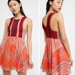 Free People Orange and Burgundy Crochet-Top Mini Dress